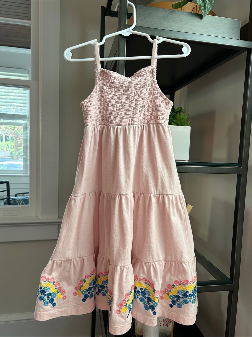 Mini Boden Pale Pink Tiered Dress with Floral Embroidered Hem